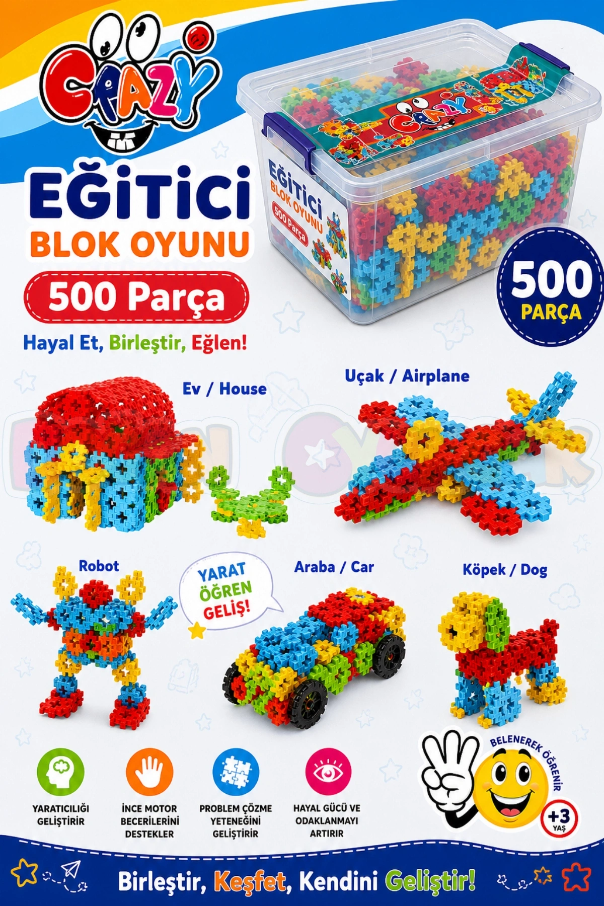 Crazy Eğitici Blok Oyunu 500 Parça - Oyuncak Lego Seti - Birbirine Geçmeli STEM Lego Seti - Eğitici Oyuncak