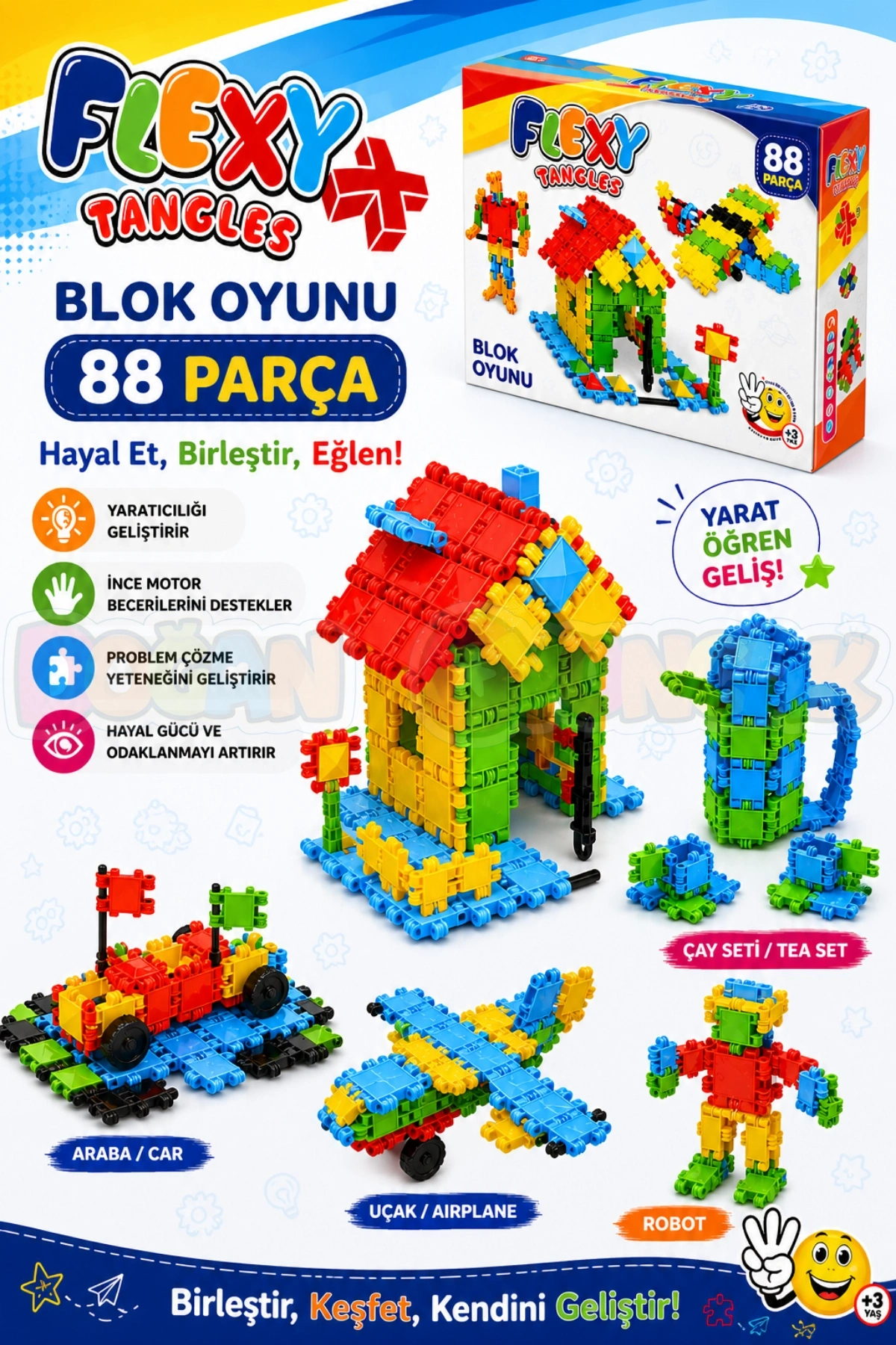 Flexy Tangles Blok Oyunu 88 Parça - Oyuncak Lego Seti - Birbirine Geçmeli STEM Lego Seti - Eğitici Oyuncak