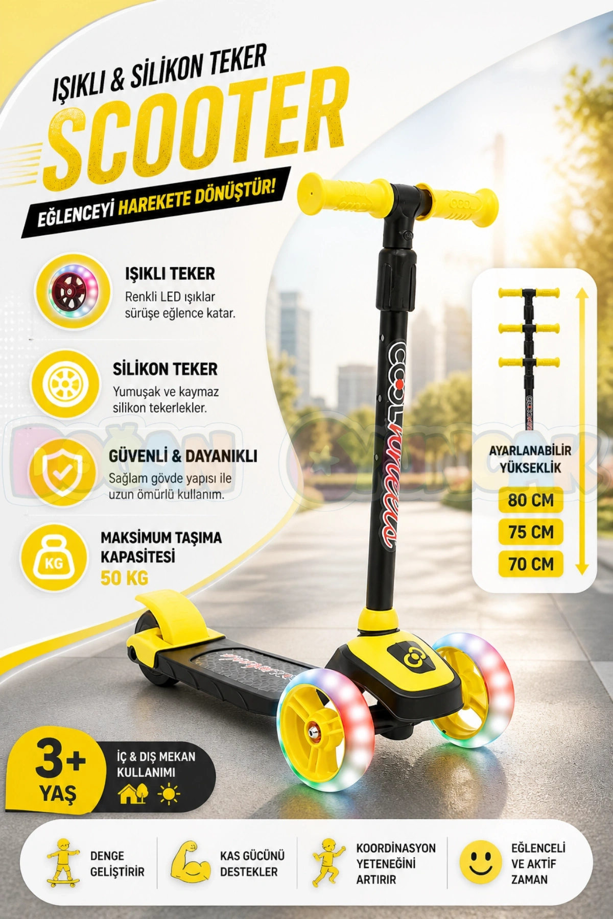 Cool Wheels Sarı Twist Işıklı 3 Tekerlekli Scooter - Işıklı Scooter - CoolWheels Scooter - Çocuk Scooter - İttir Git