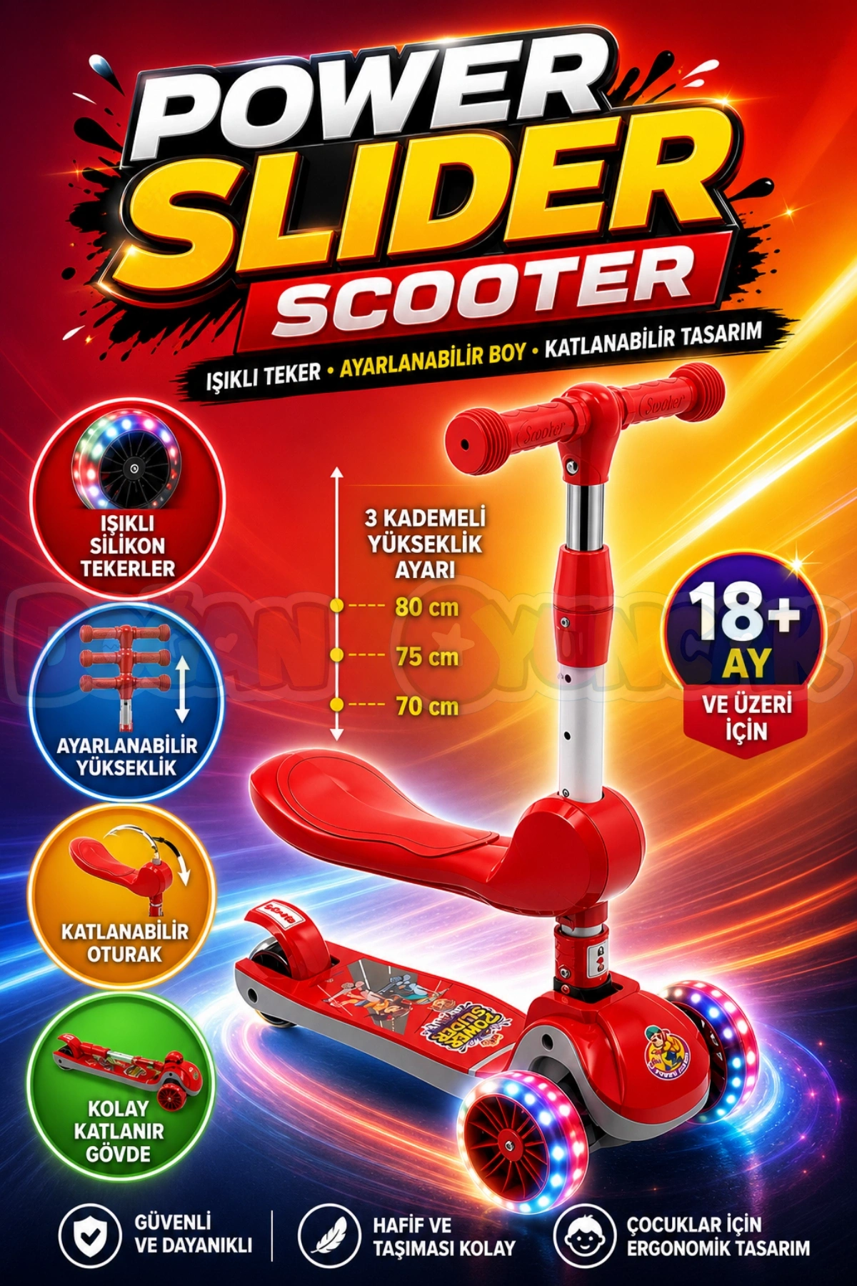 Power Slider Kırmızı Katlanabilir 3 Tekerlekli Oturaklı Scooter - Işıklı Scooter - Çocuk Scooter