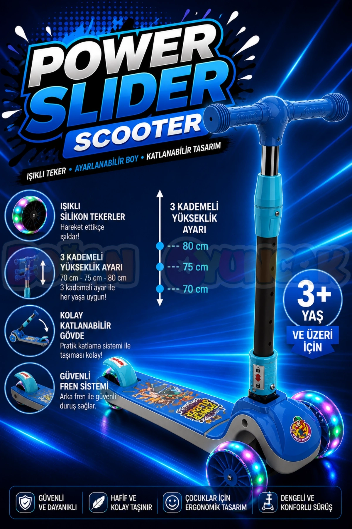 Power Slider Mavi Katlanabilir 3 Tekerlekli Scooter - Işıklı Scooter - Çocuk Scooter - Slikon Teker