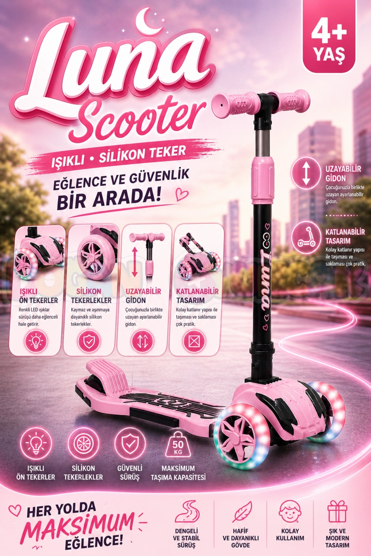 Cool Wheels Pembe Luna Işıklı 3 Tekerlekli Katlanabilir Scooter - CoolWheels Scooter - Çocuk Scooter