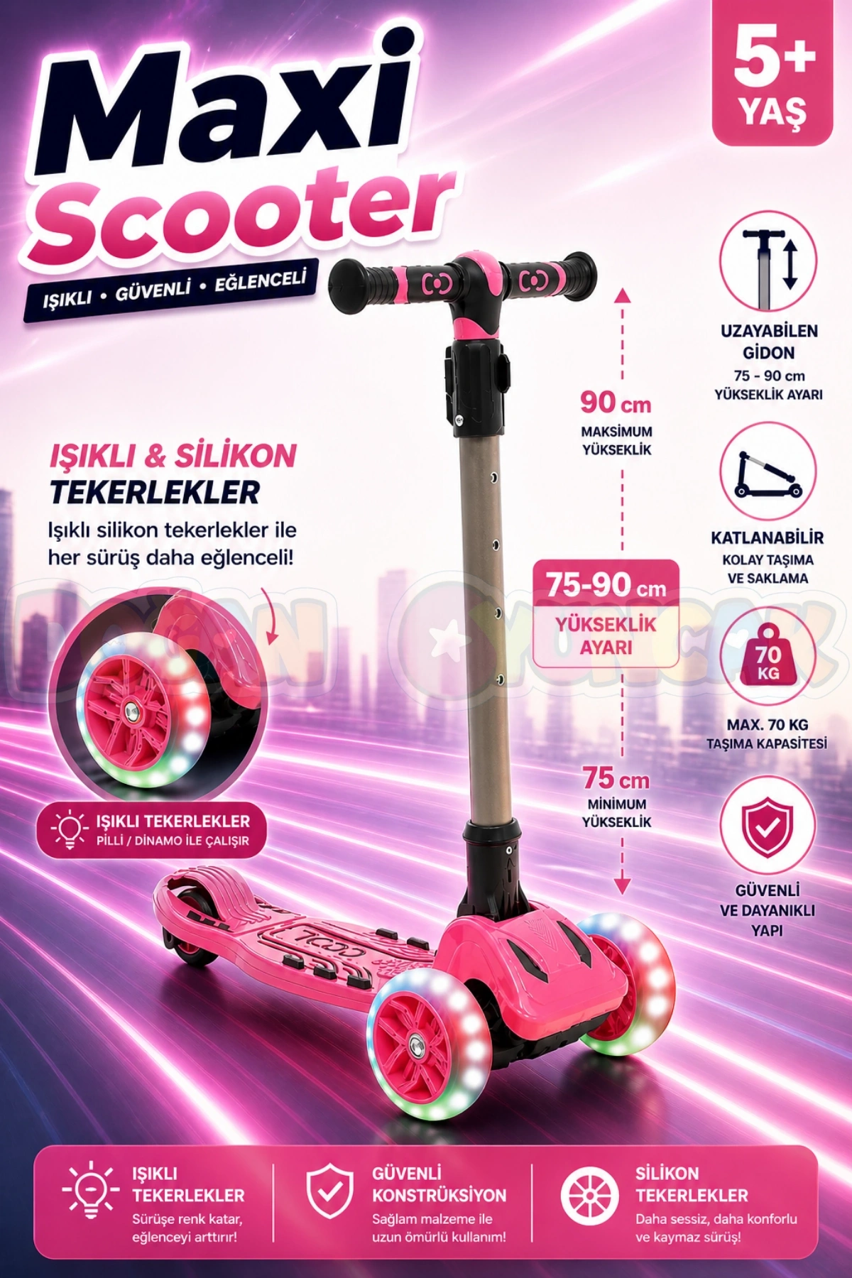 Cool Wheels Pembe Maxi Işıklı 3 Tekerlekli Katlanabilir Scooter - CoolWheels Scooter - Çocuk Scooter