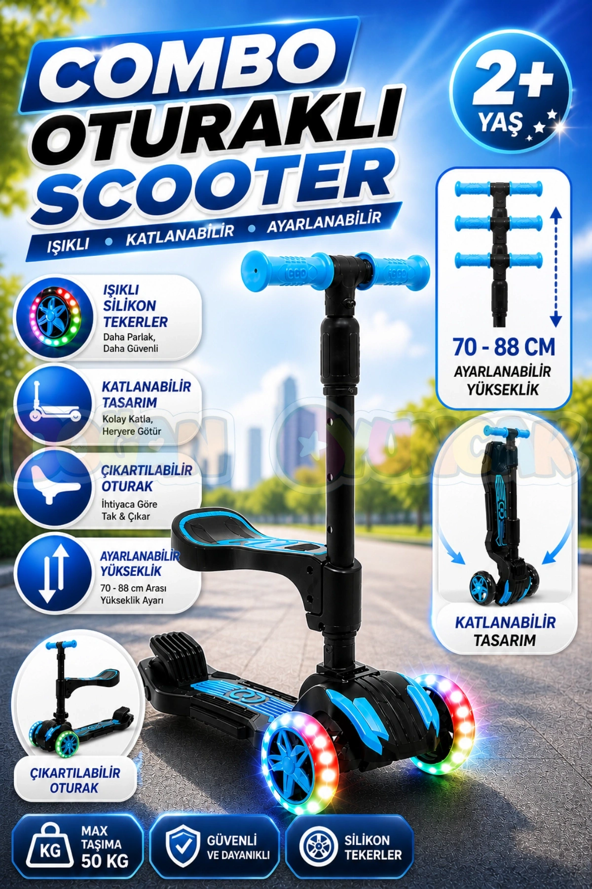Cool Wheels Oturaklı Mavi Combo Işıklı 3 Tekerlekli Katlanabilir Scooter - CoolWheels Scooter - Çocuk Scooter