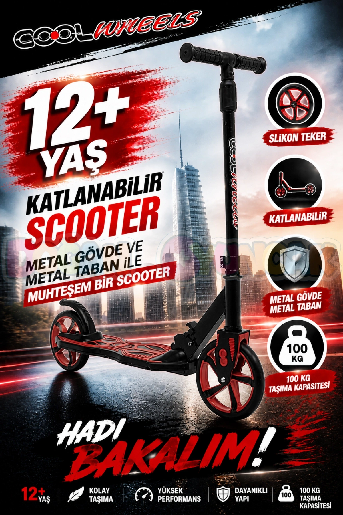 Cool Wheels 12+ Yaş Kırmızı 2 Tekerlekli Katlanabilir Scooter - CoolWheels Scooter - Genç Scooter
