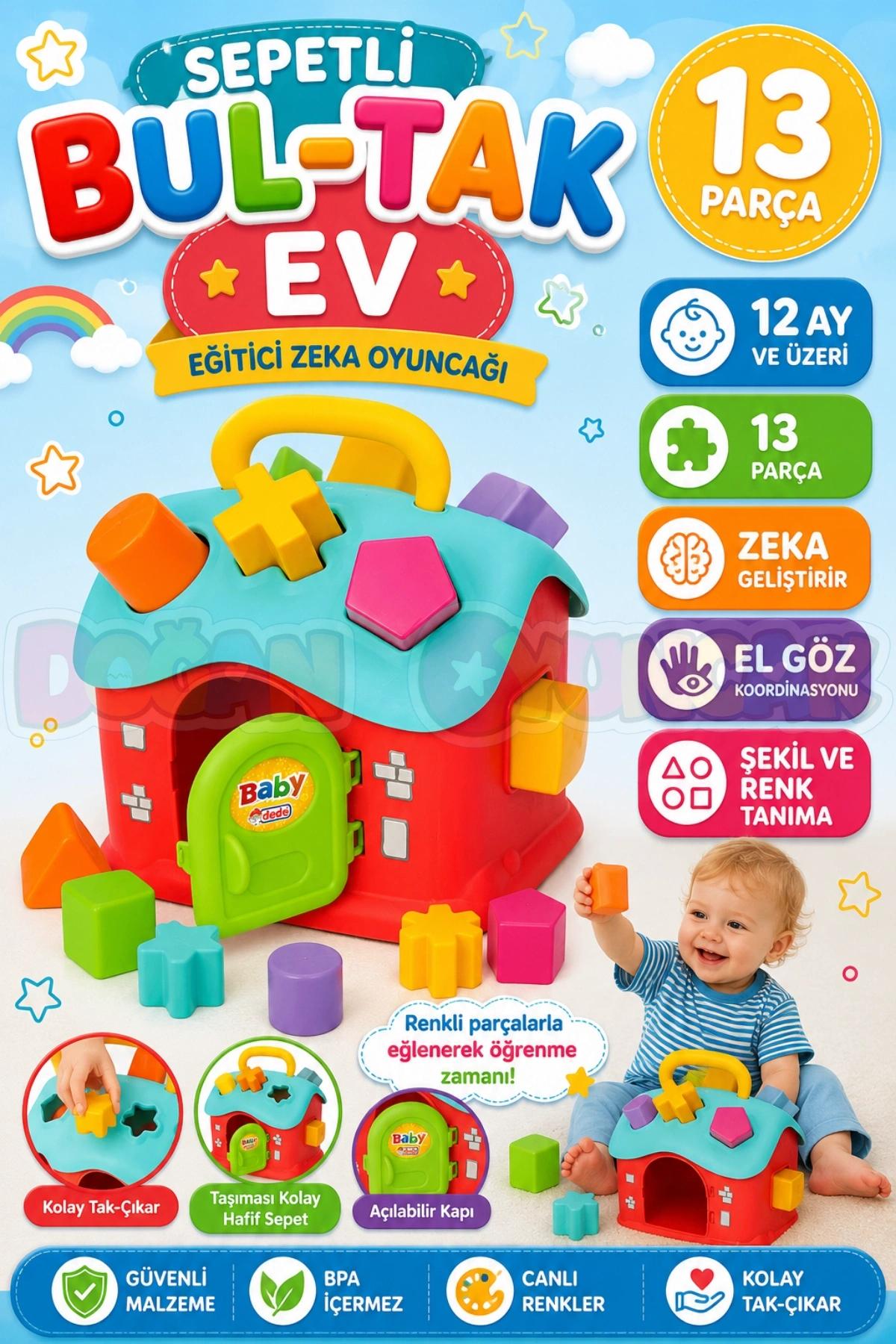 Sepetli Bul-Tak Ev - Bultak Lego - Bebek Oyuncağı - Şekil Takmaca - Blok Yerleştirme Oyunu Eğitici Oyuncak