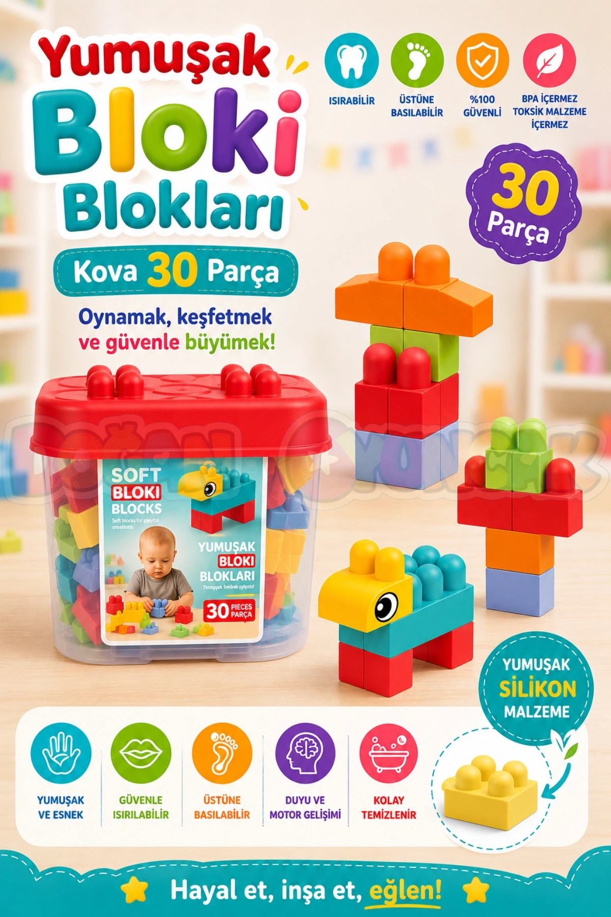 Yumuşak Bloki Blokları Kova 30 Parça - Büyük Yumuşak Bloklar - Büyük Soft Lego Oyuncakları