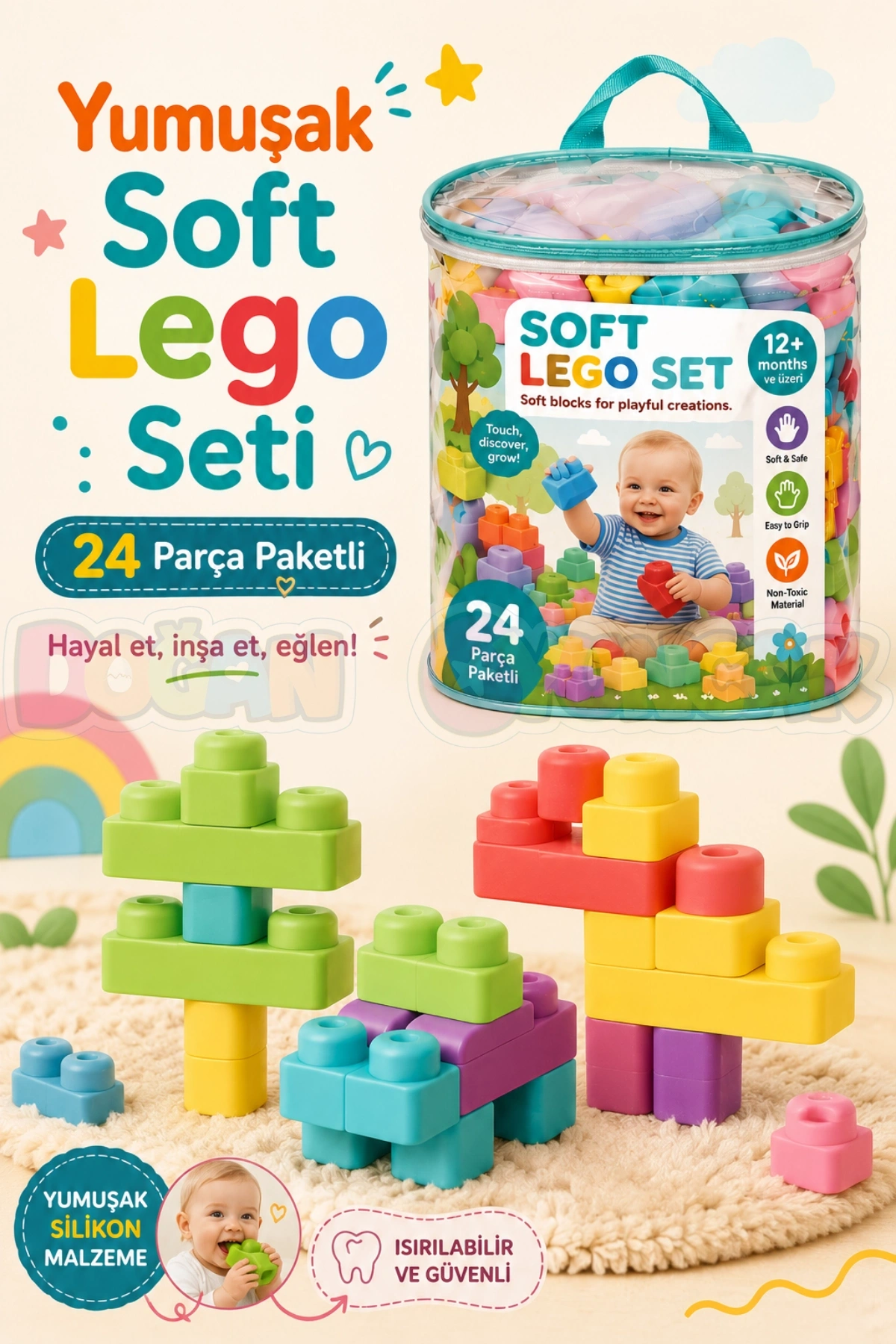 Yumuşak Soft Lego Seti 24 Parça Paketli - Büyük Yumuşak Bloklar - Büyük Soft Lego Oyuncakları - Yumuşak Lego - Soft Lego