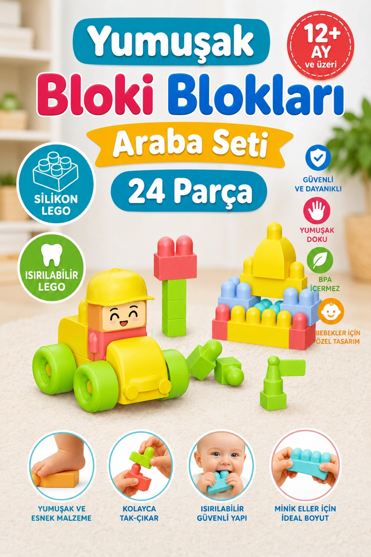 Yumuşak Bloki Blokları Araba Seti 24 Parça - Büyük Yumuşak Bloklar - Büyük Soft Lego Oyuncakları