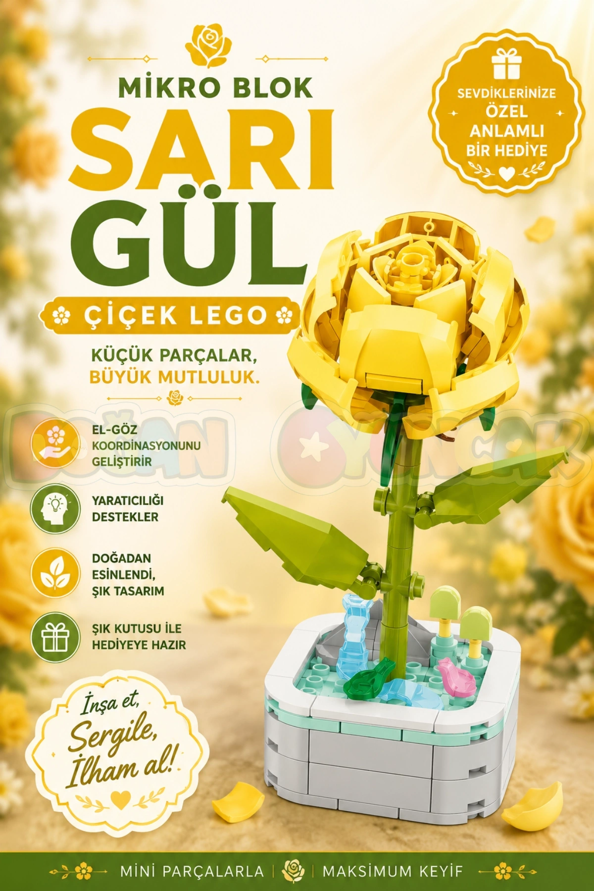 Mikro Blok Sarı Gül Çiçek Lego - Lego Setleri Mini Lego - Çiçek Lego - Blossom Çiçek Lego