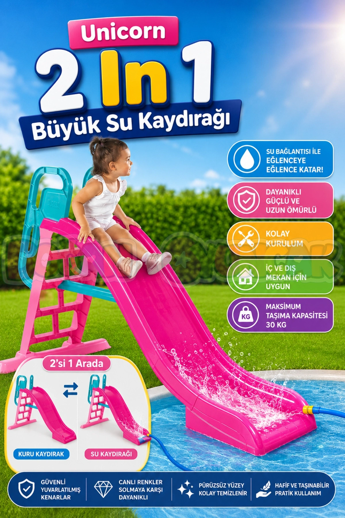 Dolu Unicorn 2 In 1 Büyük Su Kaydırağı - Çocuk Kaydırak - Çocuk Kaydırağı Büyük Kaydırak