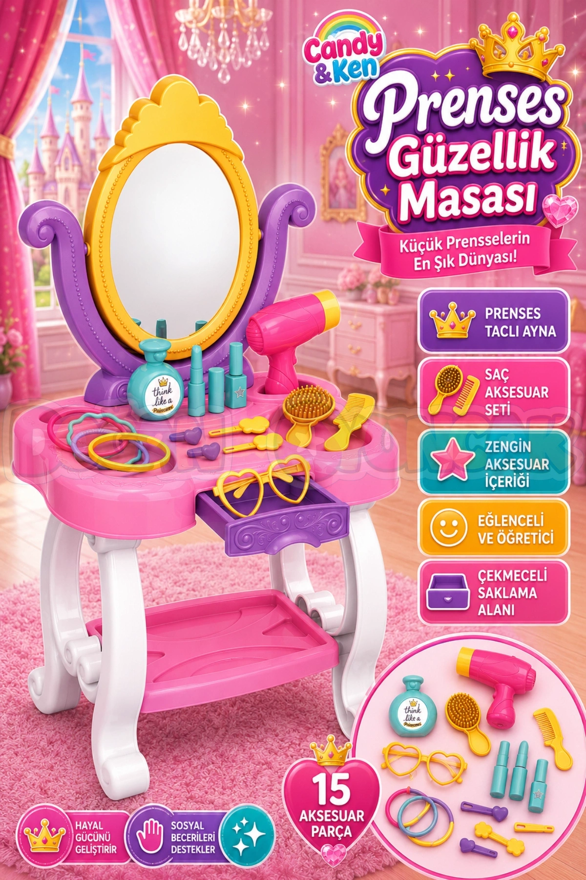 Candy & Ken Prenses Güzellik Masası - Güzellik Setleri - Kuaför Oyuncak Seti - Makyaj Seti