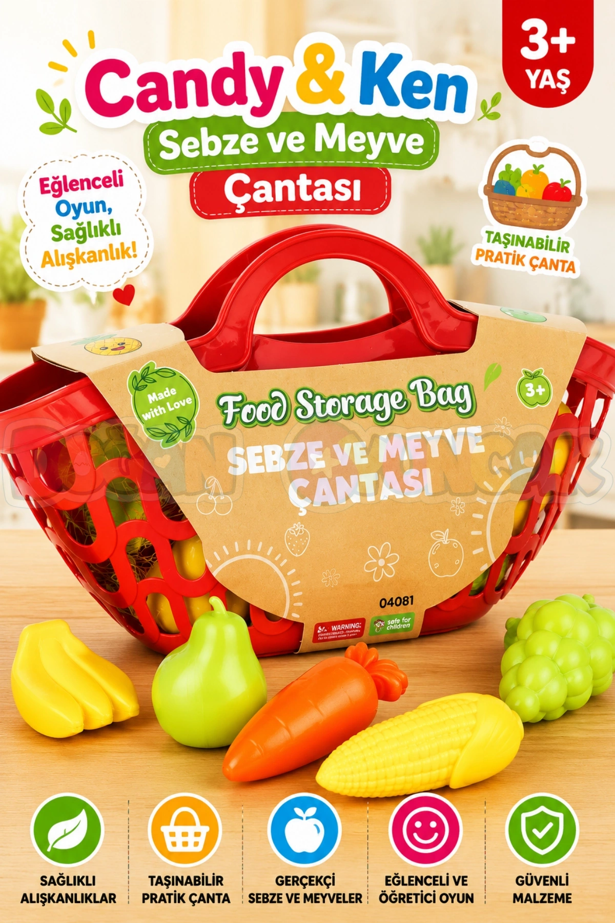 Sebze ve Meyve Çantası Kırmızı - Meyve Sebze Sepeti - Piknik Sepeti Oyuncak Meyveler - Oyuncak Sebzeler - Mutfak Oyuncakları