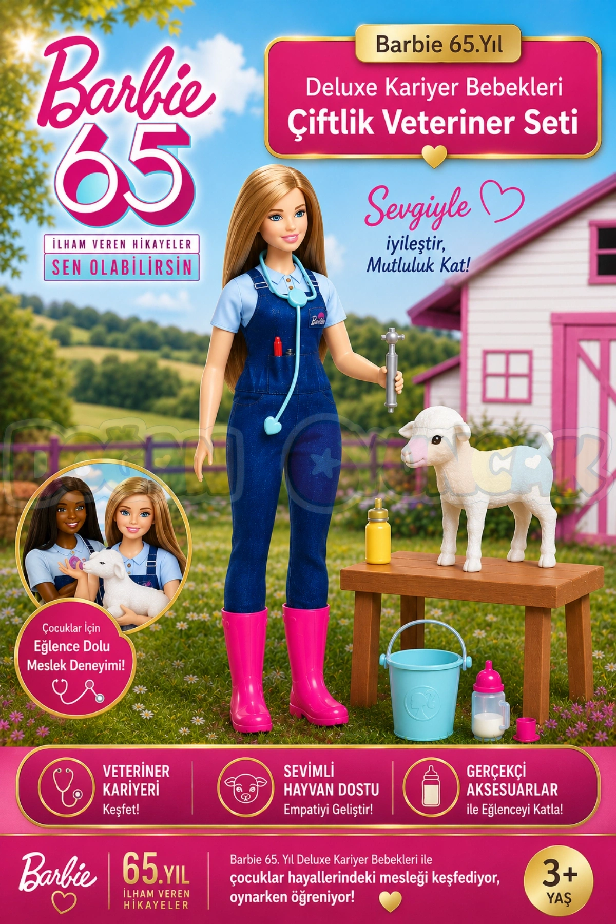 Barbie 65.Yıl Deluxe Kariyer Bebekleri - Çiflik Veteriner Seti HRG42 - Barbie Oyuncak Barbie Bebek Barbi Meslek