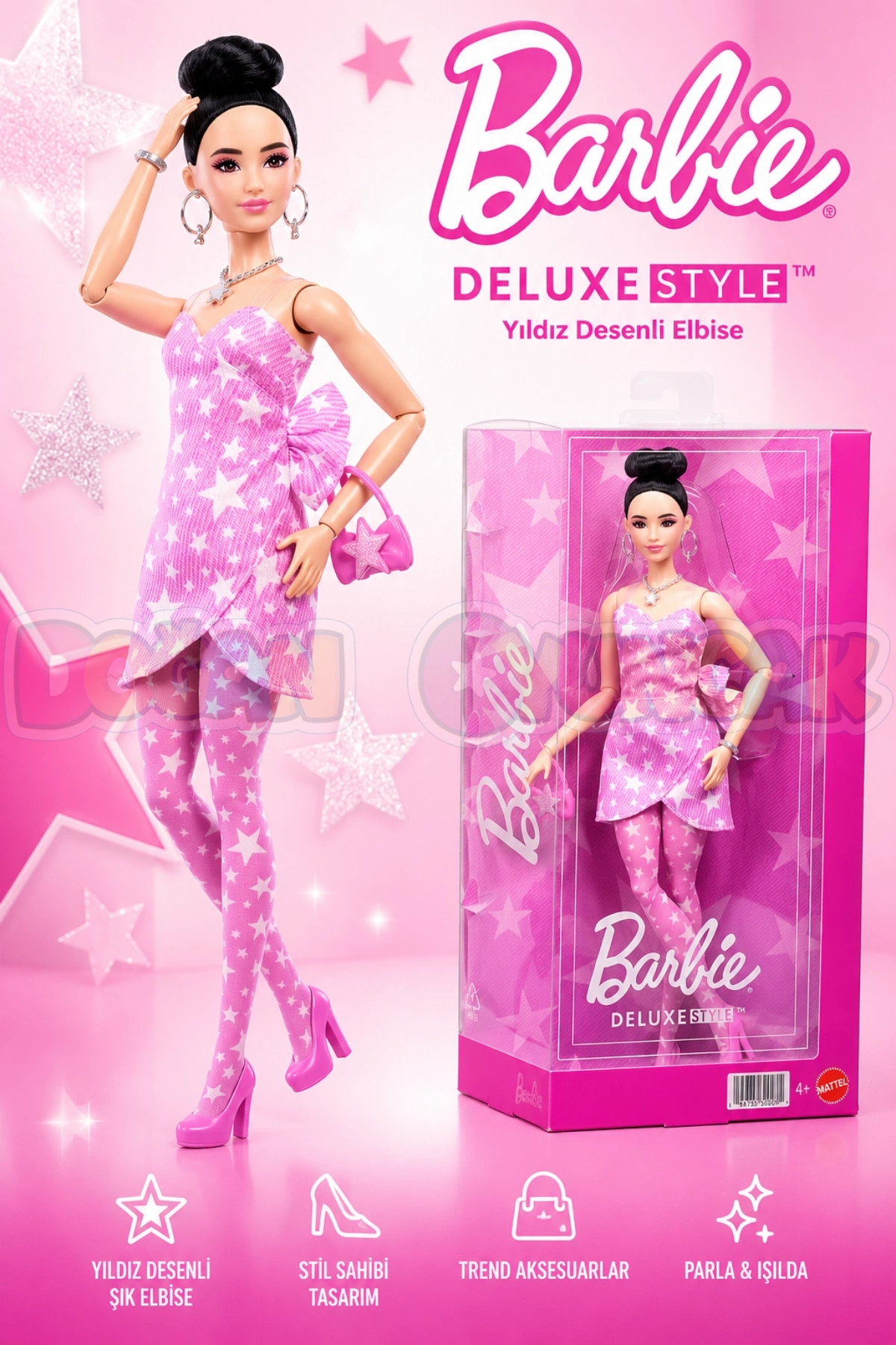 Barbie DELUXE STYLE - Yıldız Desenli Elbiseli Bebek JJN71 - Barbie Oyuncak Barbie Yoga Bebek