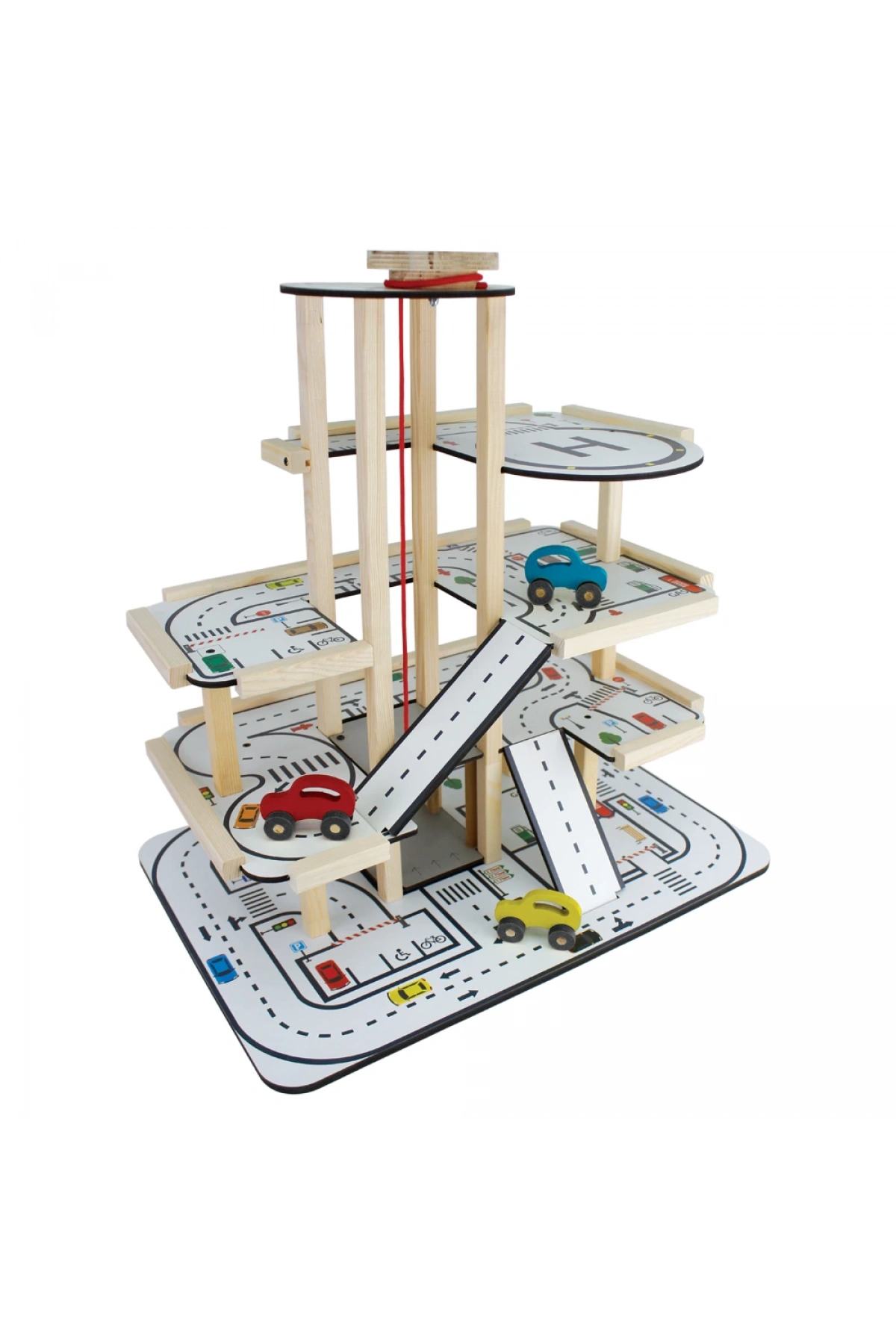 Ahşap Asansörlü Otopark - Üç Katlı Garaj Seti - Hotwheels Garaj Seti - Otopak Seti - Eğimli Garaj