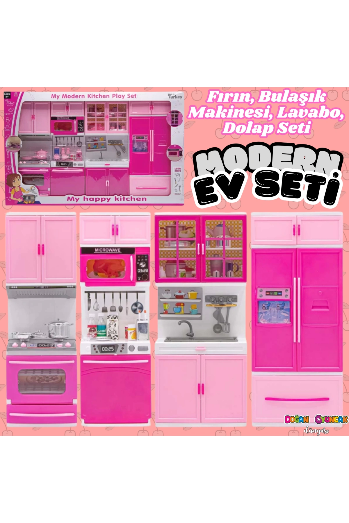 Anlily Dörtlü Mutfak Seti - Barbie Modern Mutfak Seti - Işıklı Sesli Mutfak Oyuncak - Fırın, Buzdolabı, Bulaşık, Lavabo