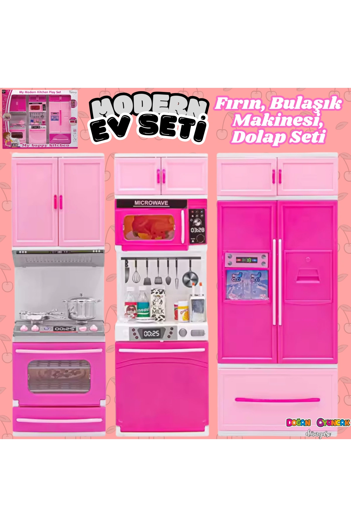 Anlily Üçlü Mutfak Seti - Barbie Modern Mutfak Seti - Işıklı Sesli Mutfak Oyuncak - Fırın, Buzdolabı, Bulaşık