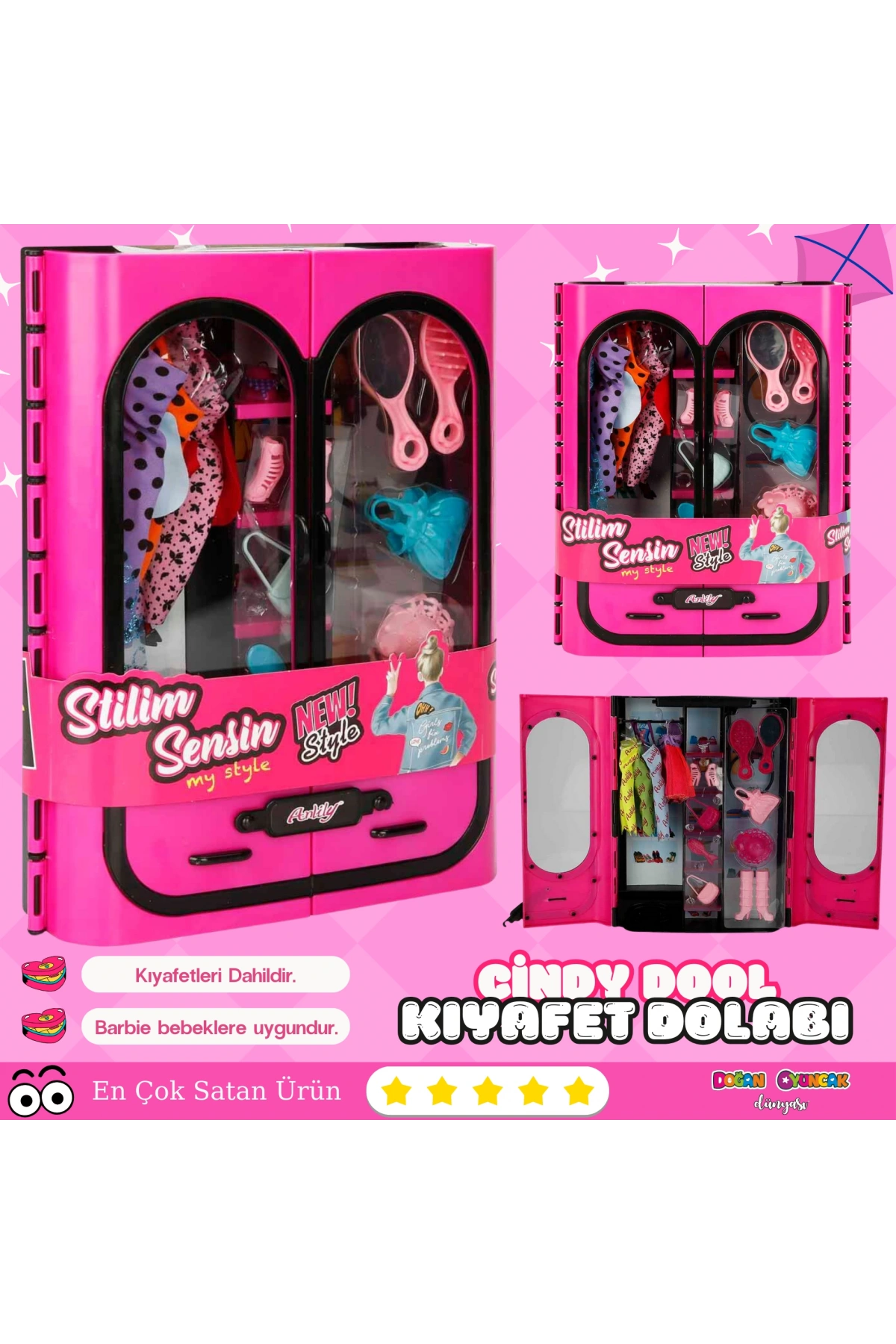 Cindy Doll Aksesuarlı Gardırop Pembe - Barbie Dolap - Barbie Giysi Dolabı - Barbie Gardırop - Gardrop