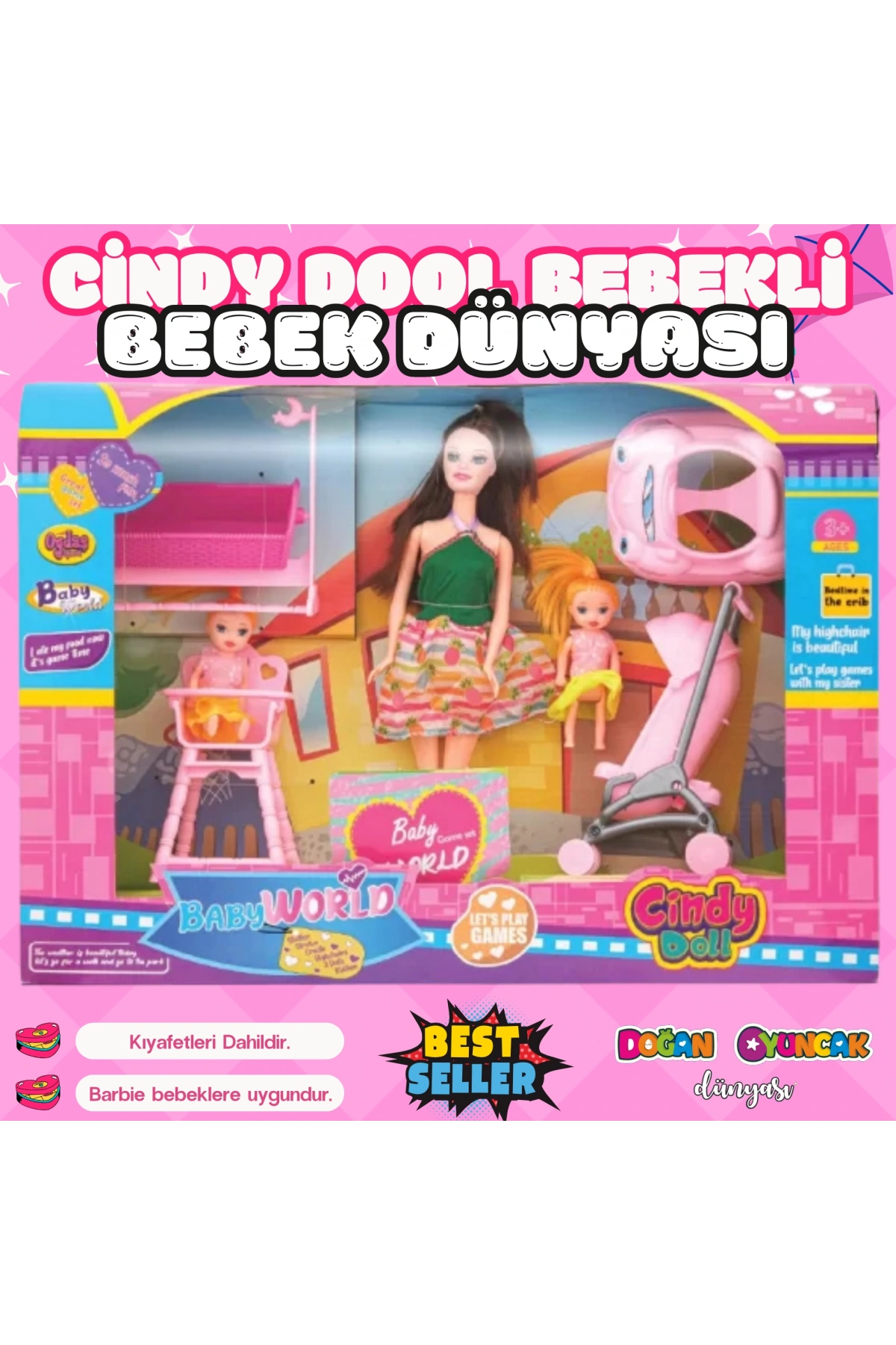 Cindy Doll Bebek Dünyası Seti - Oyuncak Pusetli Bebek - Barbie Pusetli Seti - Aksesuarlı Pusetlı Bebek Oyuncak