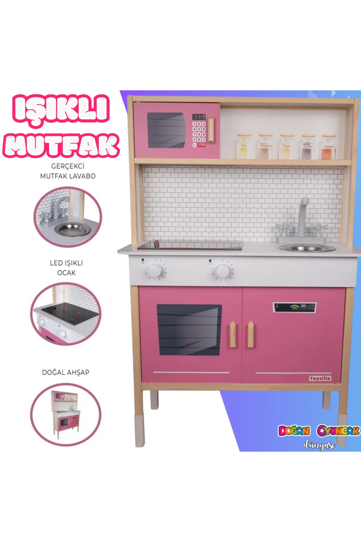 Delüx Işıklı Hamarat Ahşap Mutfak - Ahşap Çocuk Mutfağı - Mutfak Seti - Kapaklı Mutfak - Pembe