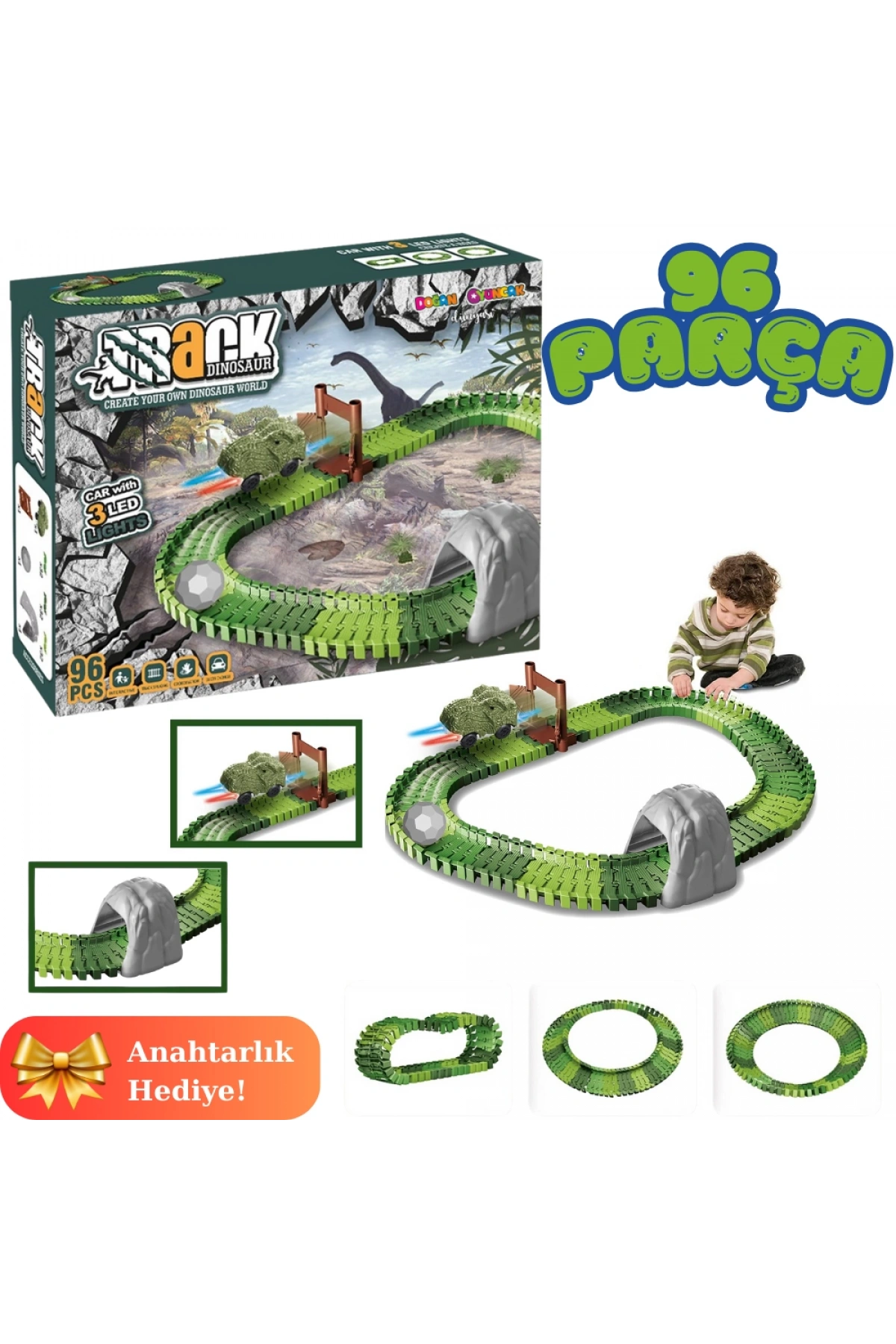 Dinozor Trucks 96 Parça Raylı Pist - Raylı Araç Oyuncak - Tren Oyuncak - Renkli Araç Yolu - Dino Trucks