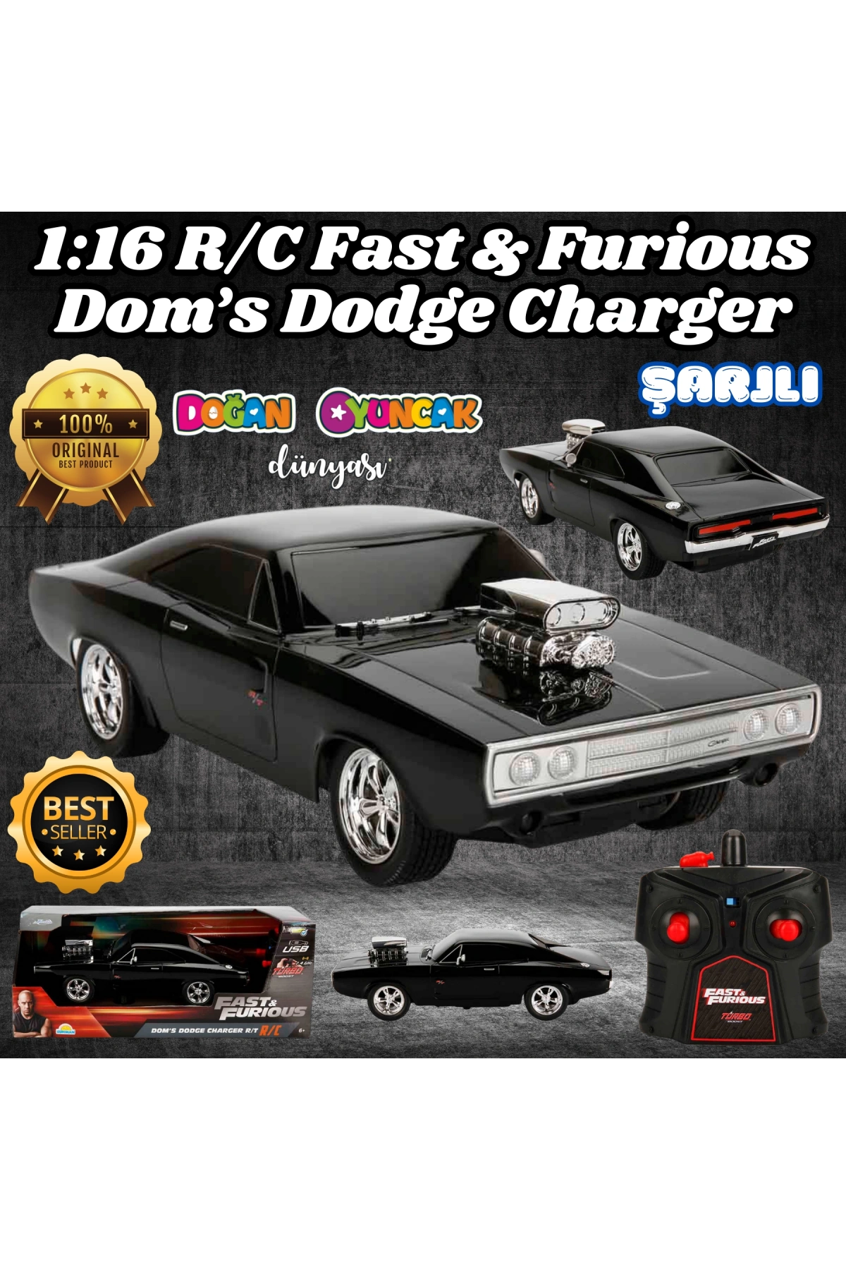 Fast & Furious Dom’s Dodge Charger R/T 1:16 USB Şarjlı Uzaktan Kumandalı Araba - Kumandalı Araç - R/C Araba