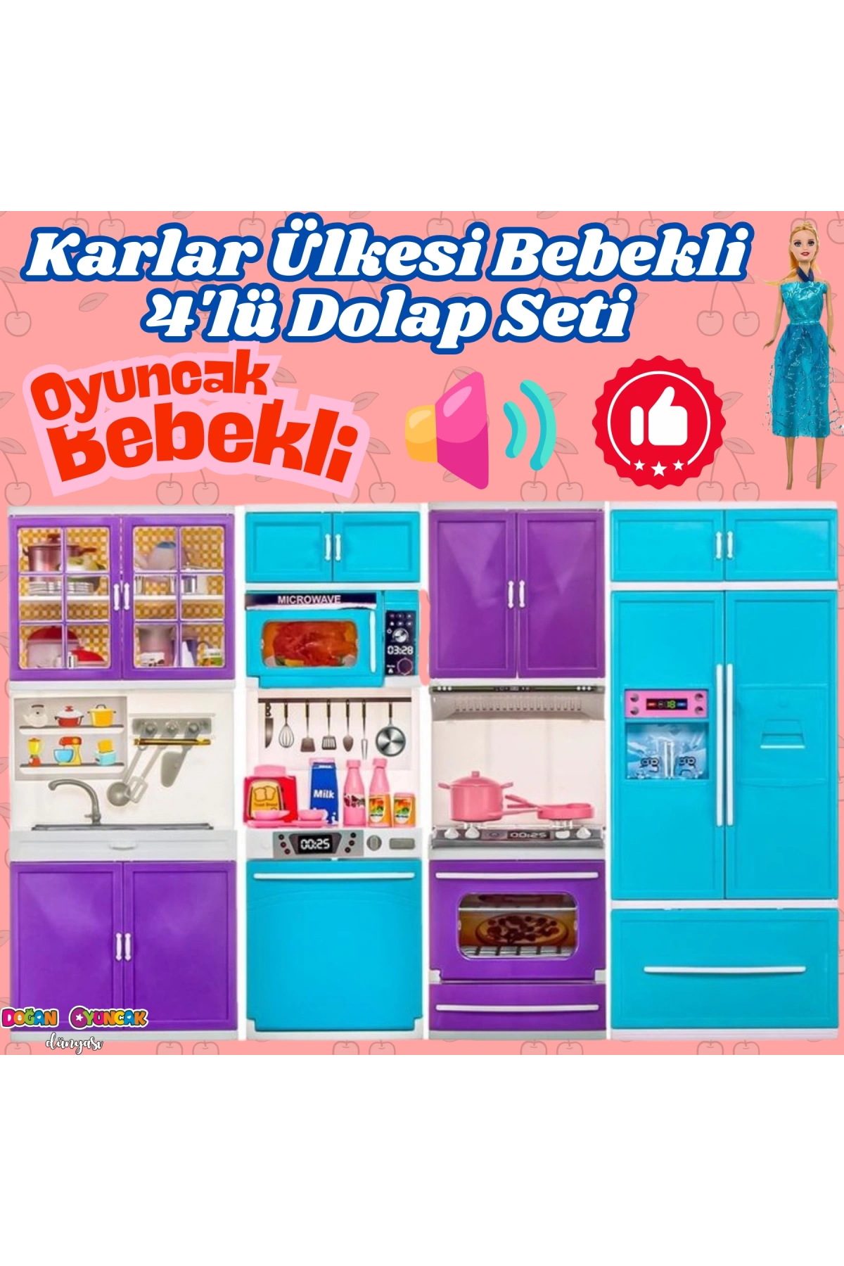Karlar Ülkesi Bebekli Dörtlü Mutfak Seti - Frozen Modern Mutfak Seti - Işıklı Sesli Mutfak Oyuncak - Fırın, Buzdolabı, Bulaşık, Lavabo