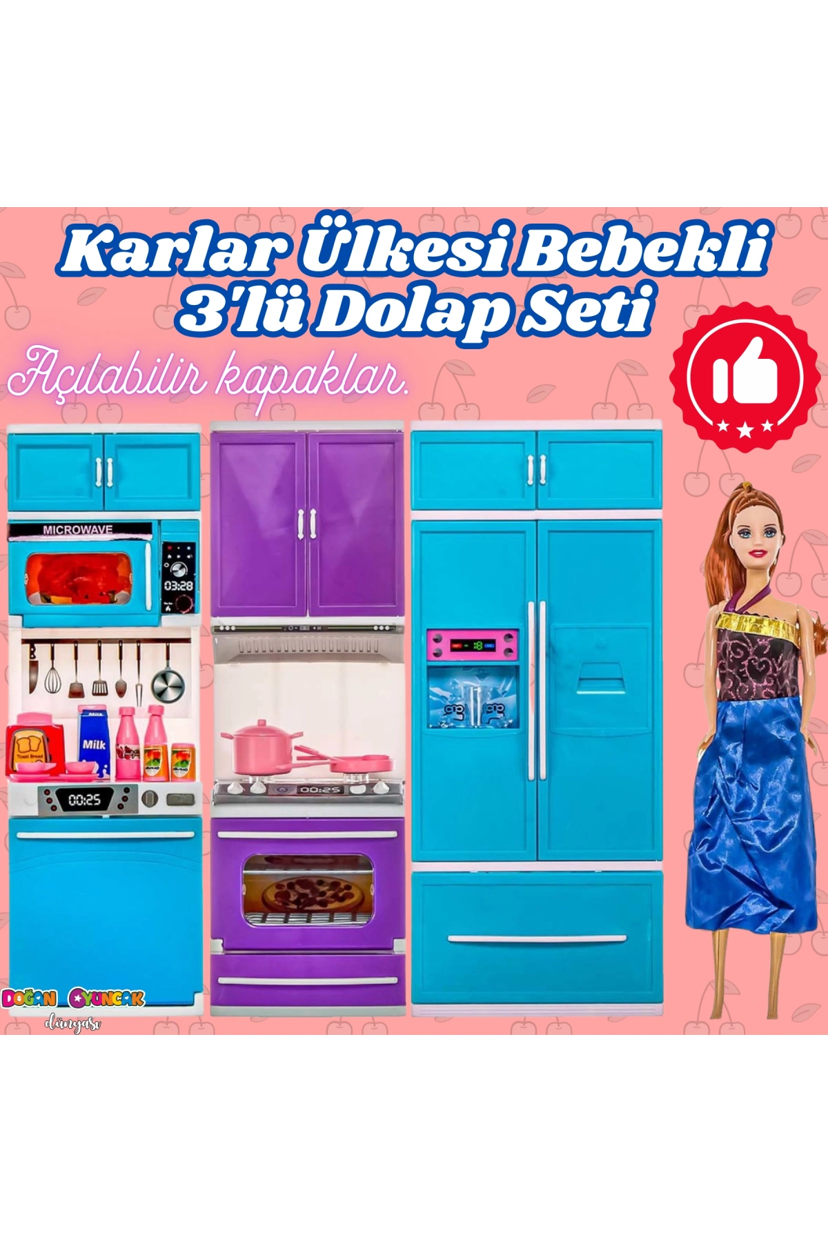 Karlar Ülkesi Bebekli Üçlü Mutfak Seti - Frozen Modern Mutfak Seti - Işıklı Sesli Mutfak Oyuncak - Fırın, Buzdolabı, Bulaşık