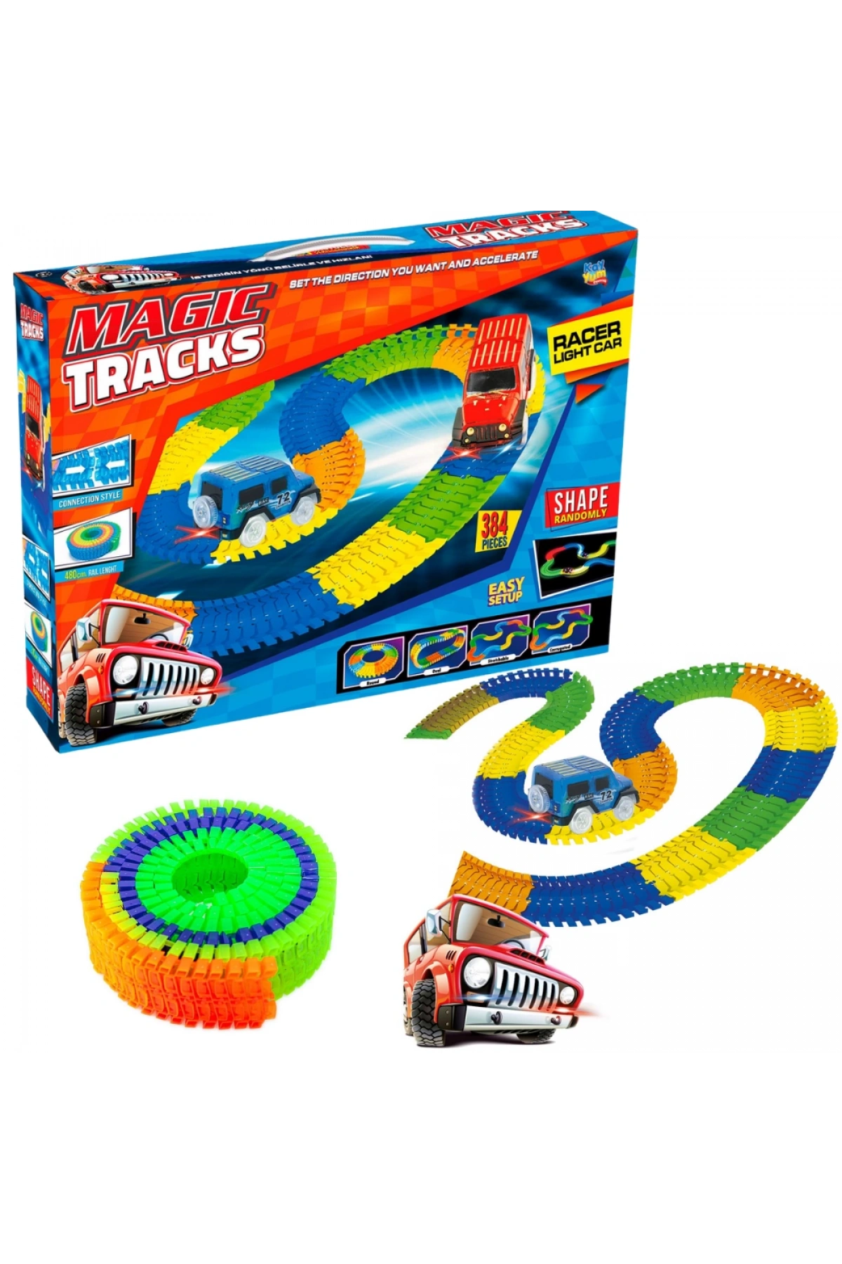 Magic Trucks 384 Parça Raylı Pist - Raylı Araç Oyuncak - Tren Oyuncak - Renkli Araç Yolu - Pist Set