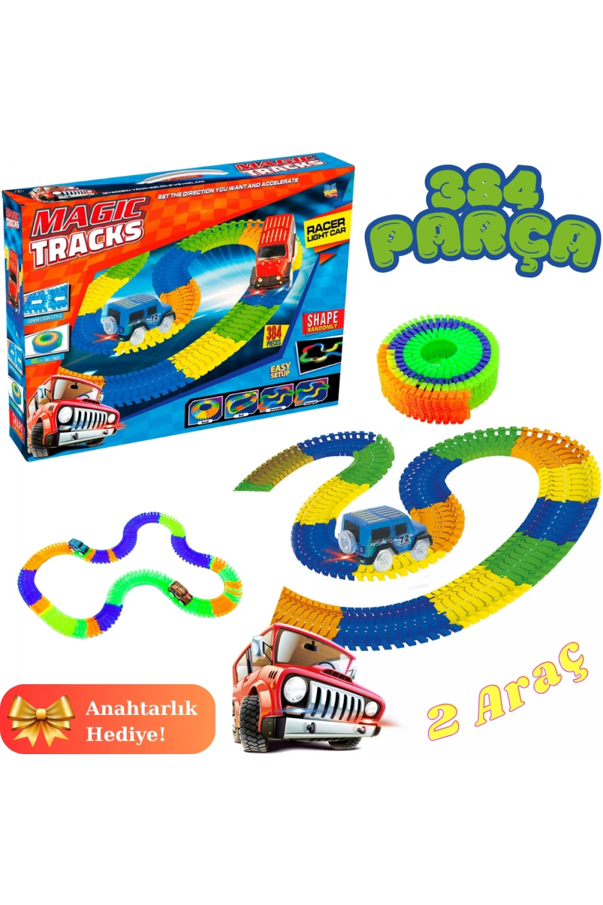 Magic Trucks 384 Parça Raylı Pist - Raylı Araç Oyuncak - Tren Oyuncak - Renkli Araç Yolu - Pist Set