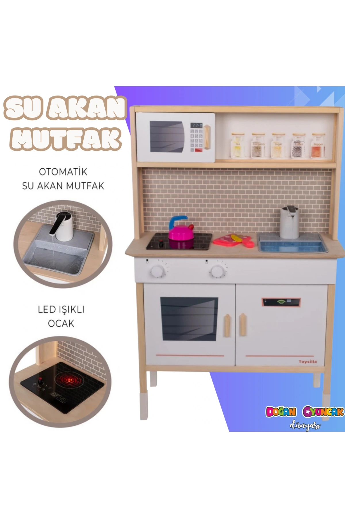 Musluktan Su Akan Işıklı Ahşap Mutfak - Ahşap Çocuk Mutfağı - Ledli Mutfak Seti -Su Akıtan Mutfak - Beyaz