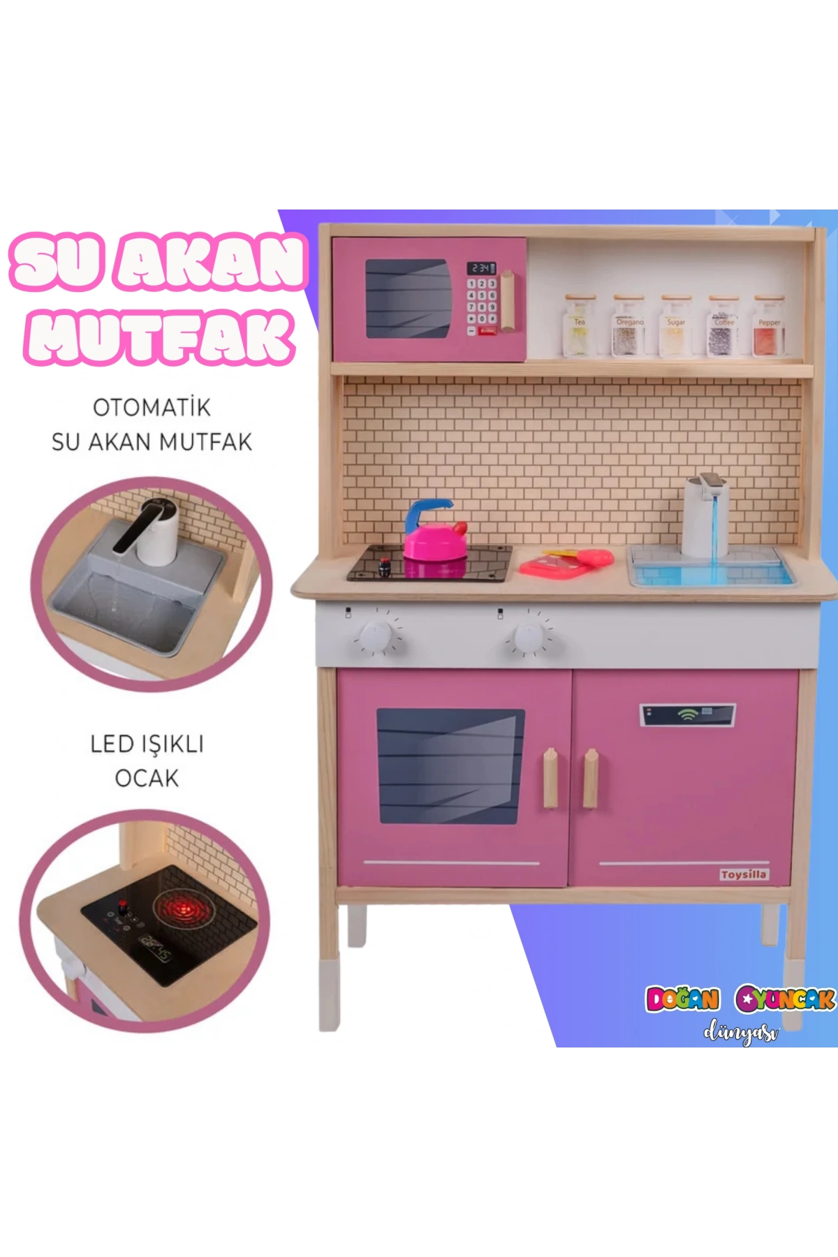 Musluktan Su Akan Işıklı Ahşap Mutfak - Ahşap Çocuk Mutfağı - Ledli Mutfak Seti -Su Akıtan Mutfak - Pembe