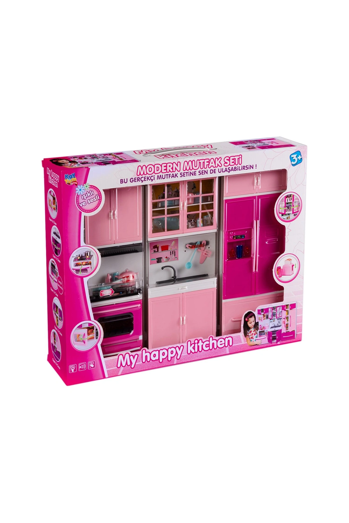 My Happy Kitchen Üçlü Mutfak Seti - Modern Mutfak Seti - Işıklı Sesli Mutfak Oyuncak - Buzdolabı, Lavabo, Fırın