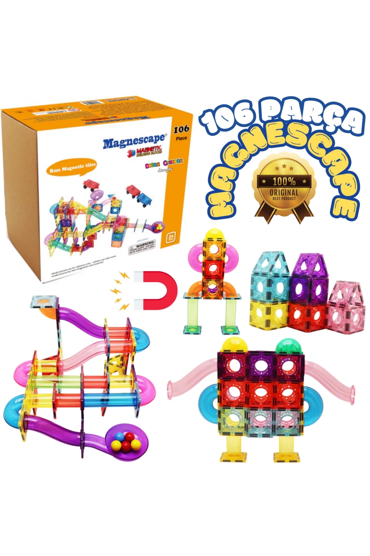 Orijinal Magnescape Magnetic Tiles 106 Parça - Magnetic Magical Magnet - Mıknatıslı Lego Magnescape