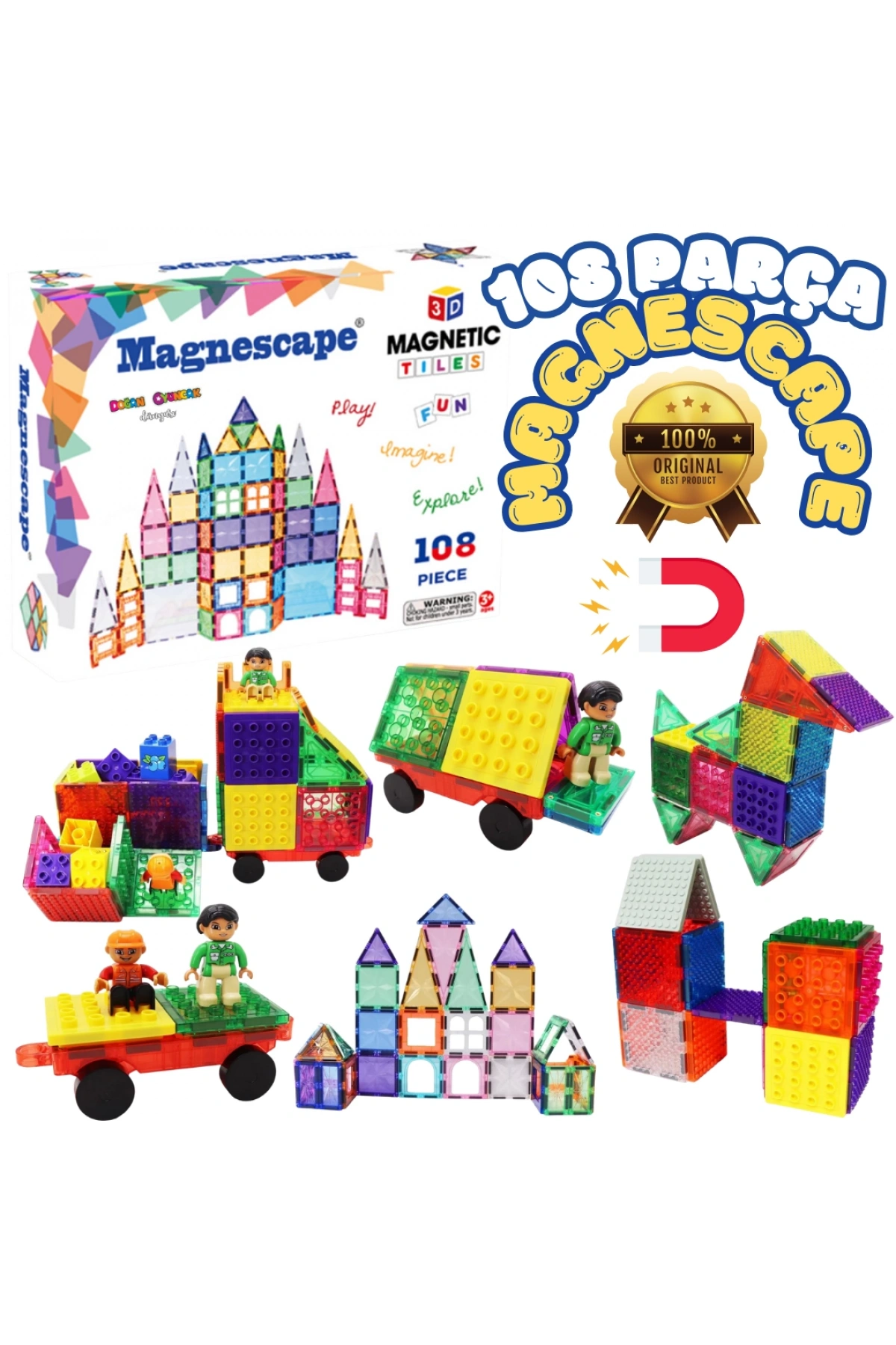 Orijinal Magnescape Magnetic Tiles 108 Parça - Magnetic Magical Magnet - Mıknatıslı Lego Magnescape