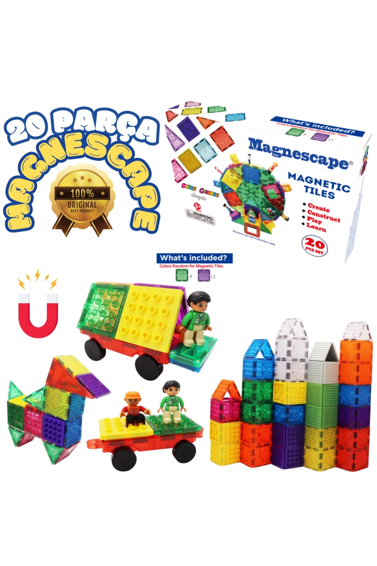 Orijinal Magnescape Magnetic Tiles 20 Parça - Magnetic Magical Magnet - Mıknatıslı Lego Magnescape