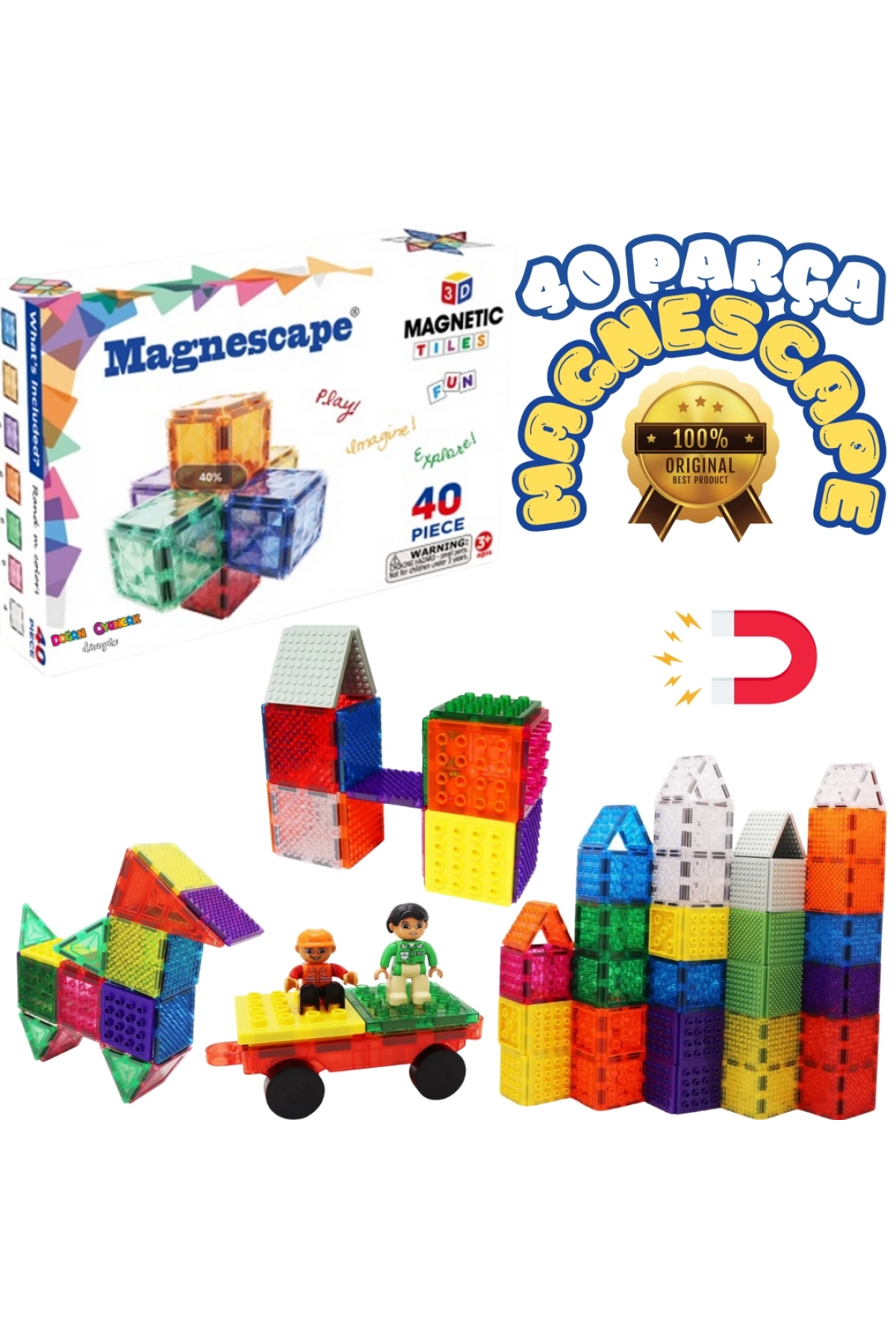 Orijinal Magnescape Magnetic Tiles 40 Parça - Magnetic Magical Magnet - Mıknatıslı Lego Magnescape