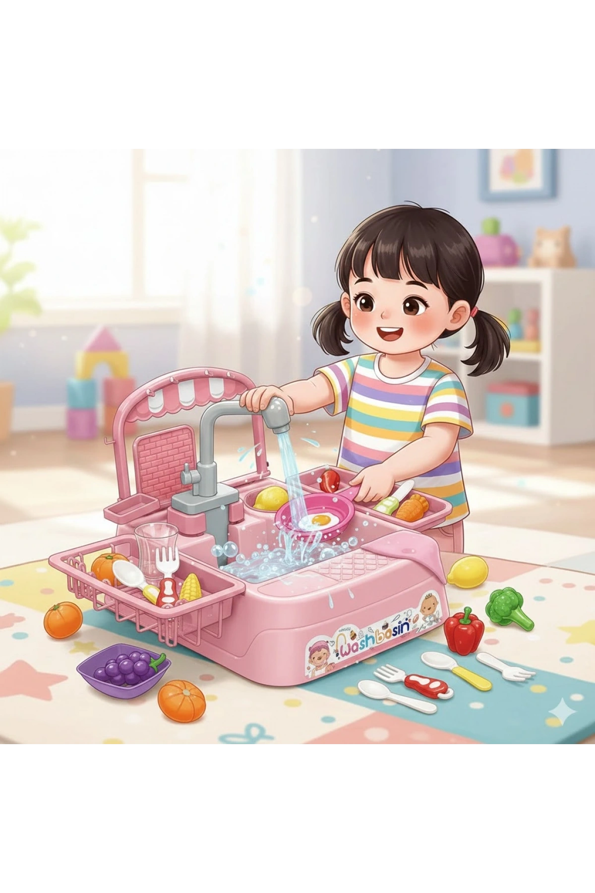 Pembe Su Akıtan Mutfak Lavabosu Seti - Çeşmeli Sesli Lavabo - Mutfak Seti - Su Akan Musluk - Akan Musluk Oyuncak