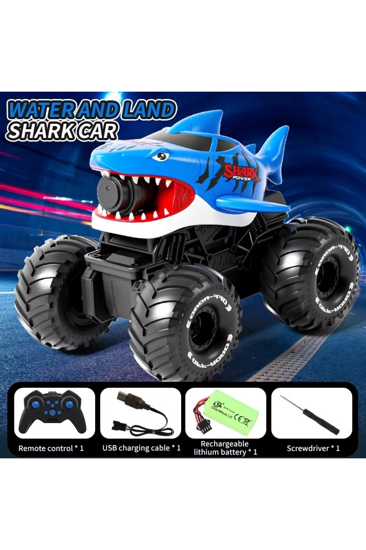 Shark Amphibious Racing Car Mavi - Uzaktan Kumandalı Su Atan Saatli Köpek Balığı - Saat Kontröllü