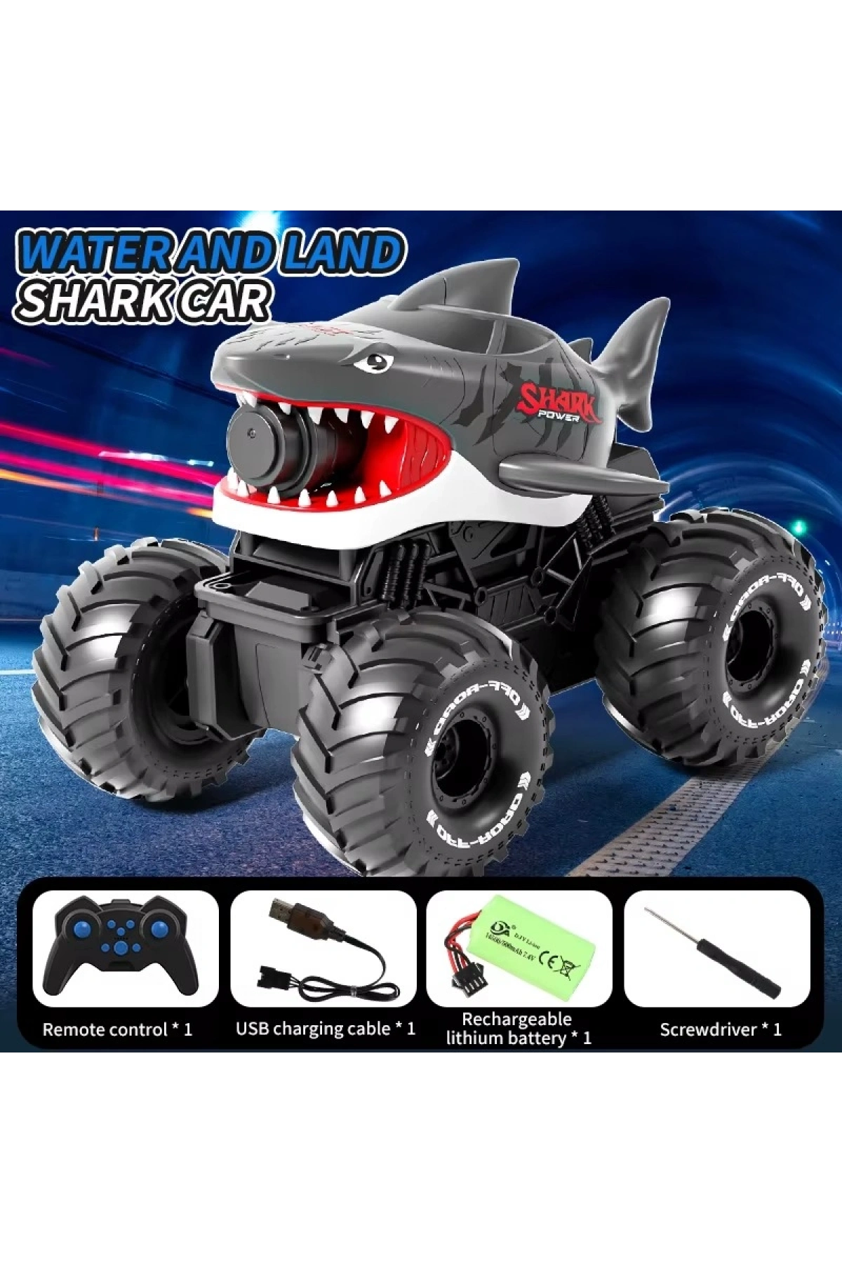 Shark Amphibious Racing Car Siyah - Uzaktan Kumandalı Su Atan Saatli Köpek Balığı - Saat Kontröllü