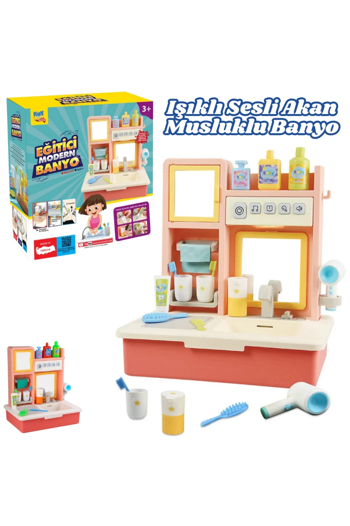Su Akıtan Modern Banyo Seti - Çeşmeli Işıklı ve Sesli Lavabo - Banyo Seti - Su Akan Musluk - Pembe