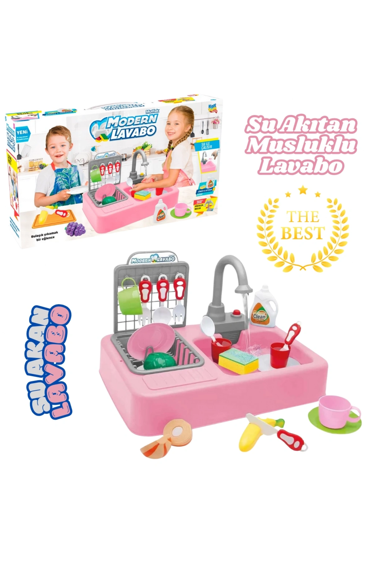Su Akıtan Modern Mutfak Seti - Çeşmeli Işıklı ve Sesli Lavabo - Mutfak Seti - Su Akan Musluk - Pembe