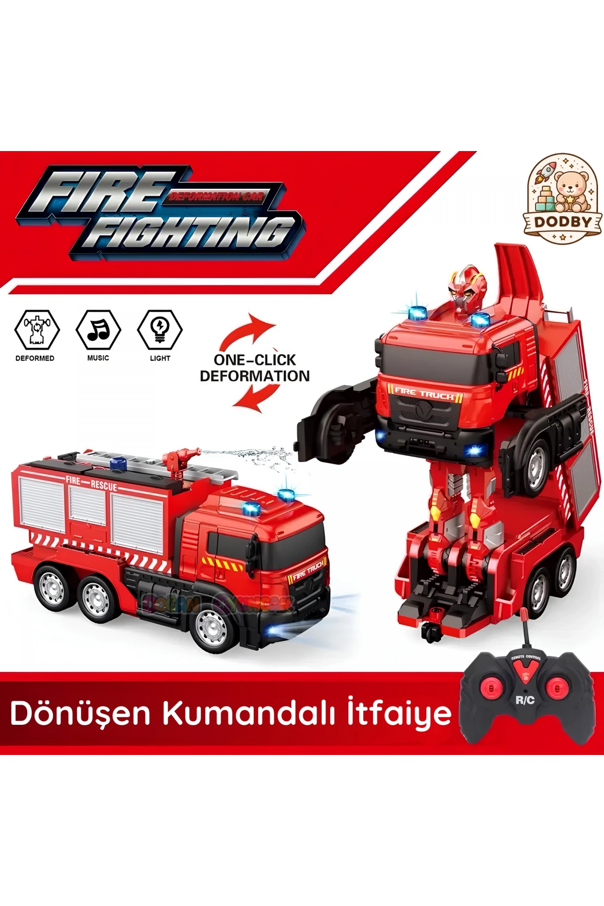 Uzaktan Kumandalı Dönüşebilen İtfaiye Arabası - Su Atan İtfaiye Aracı Işıkllı Robota Dönüşen İtfaiye