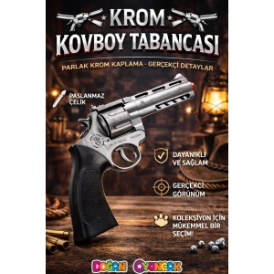 Mantar Patlatan Metal Krom Kovboy Tabancası - Metal Kovboy Silahı Çelik Mantar Silahı