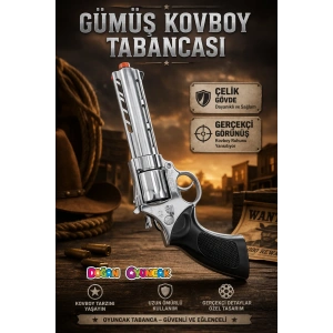 Mantar Patlatan Metal Gümüş Kovboy Tabancası - Metal Kovboy Silahı Çelik Mantar Silahı