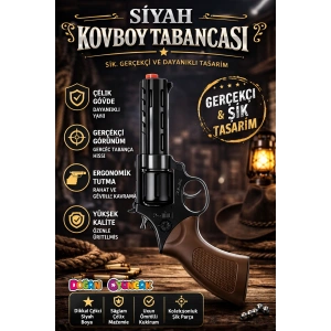 Mantar Patlatan Metal Siyah Kovboy Tabancası - Metal Kovboy Silahı Çelik Mantar Silahı