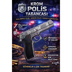 Mantar Patlatan Metal Krom Polis Tabancası - Metal Polis Silahı Çelik Mantar Silahı
