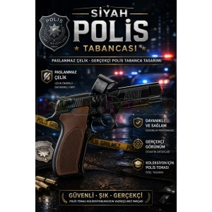 Mantar Patlatan Metal Siyah Polis Tabancası - Metal Polis Silahı Çelik Mantar Silahı