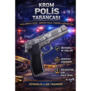 Mantar Patlatan Metal Krom Polis Tabancası - Metal Polis Silahı Çelik Mantar Silahı